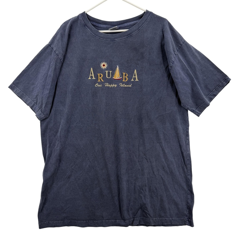 VTG Aruba Shirt Mens 2XL Blue Embroidered One Happy‎ Island Sailboat Graphic Tee